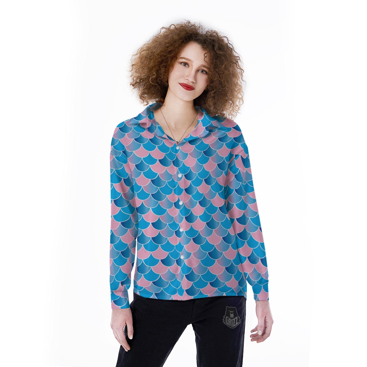Mermaid Scales Teal Pink Print Pattern Women's Long Sleeve Shirts-grizzshop