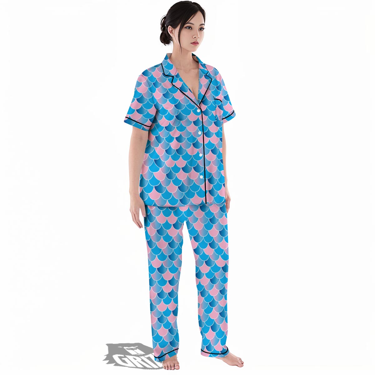Mermaid Scales Teal Pink Print Pattern Women's Pajamas Set-grizzshop
