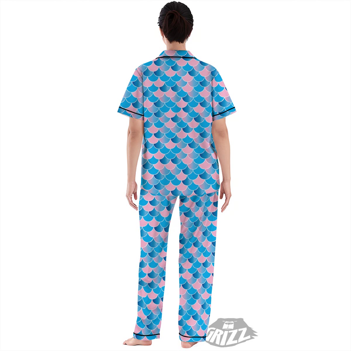 Mermaid Scales Teal Pink Print Pattern Women's Pajamas Set-grizzshop