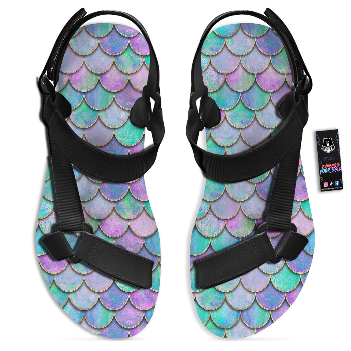 Mermaid Scales Teal Purple Print Pattern Black Open Toe Sandals-grizzshop