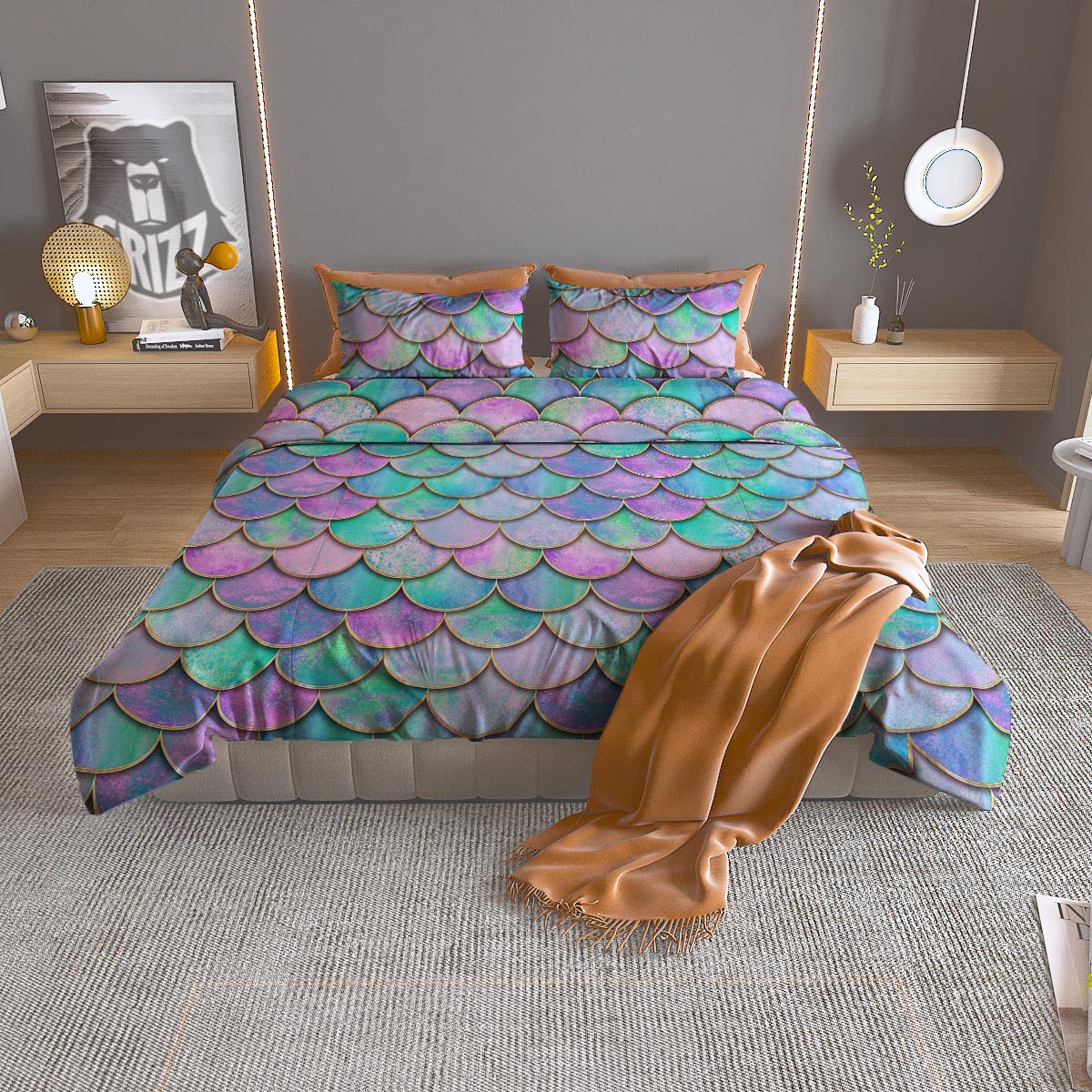 Mermaid Scales Teal Purple Print Pattern Duvet Cover Bedding Set