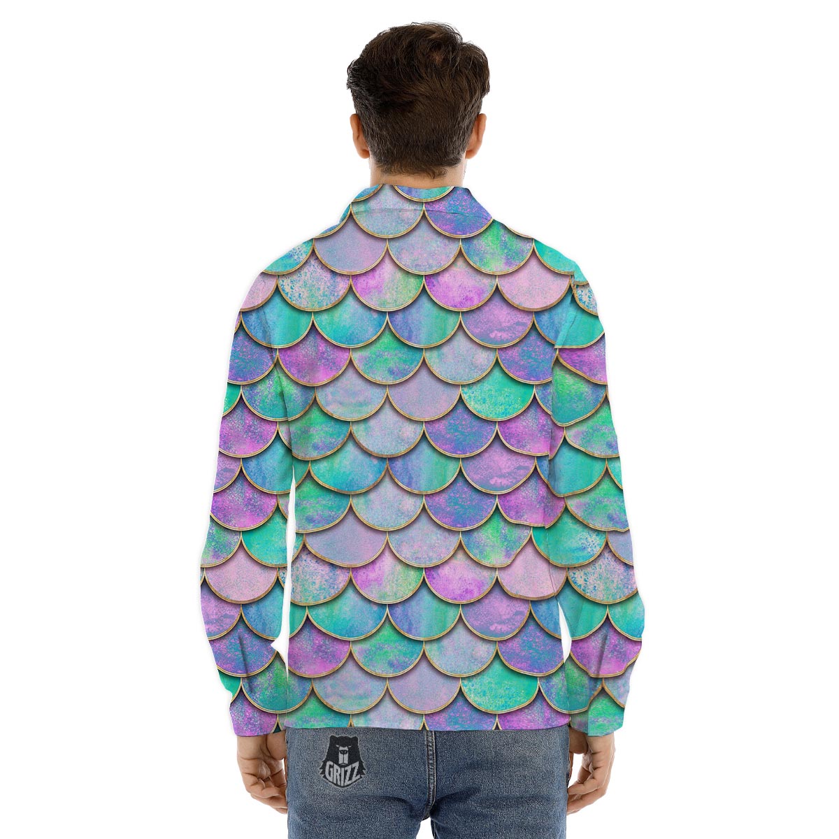 Mermaid Scales Teal Purple Print Pattern Men's Dress Shirts-grizzshop