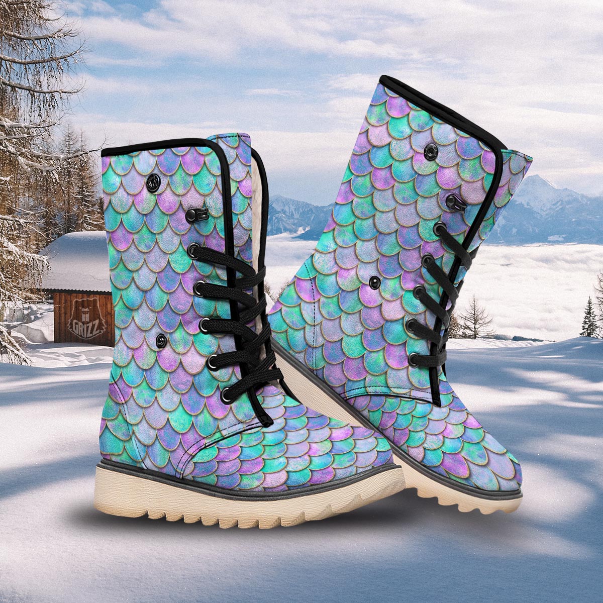 Mermaid Scales Teal Purple Print Pattern Snow Boots-grizzshop