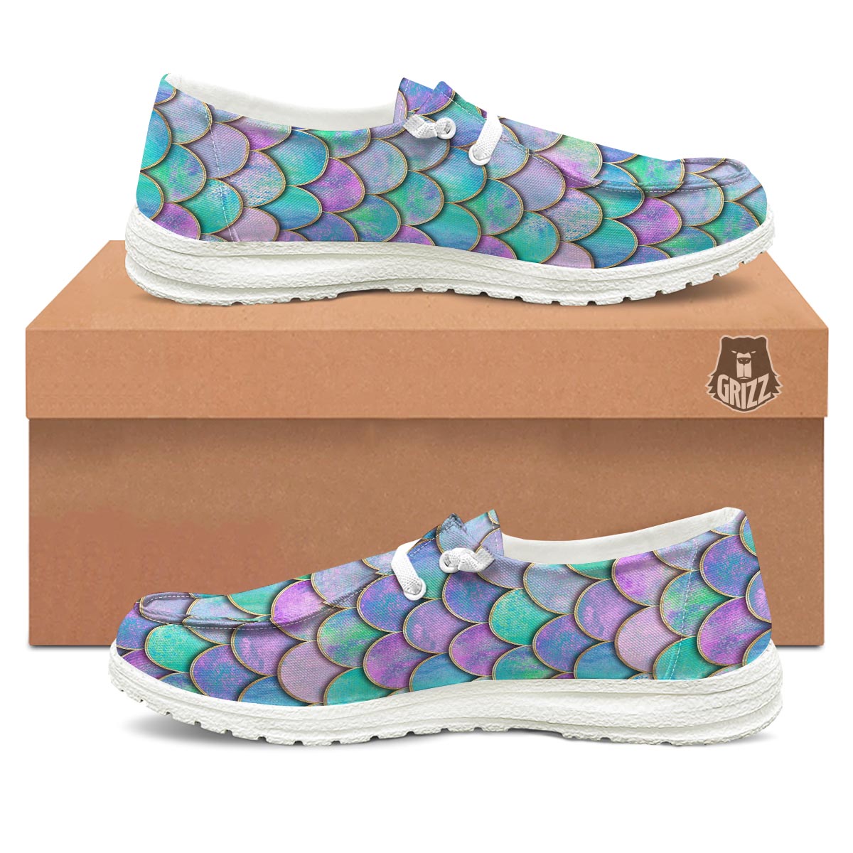 Mermaid Scales Teal Purple Print Pattern White Loafers-grizzshop
