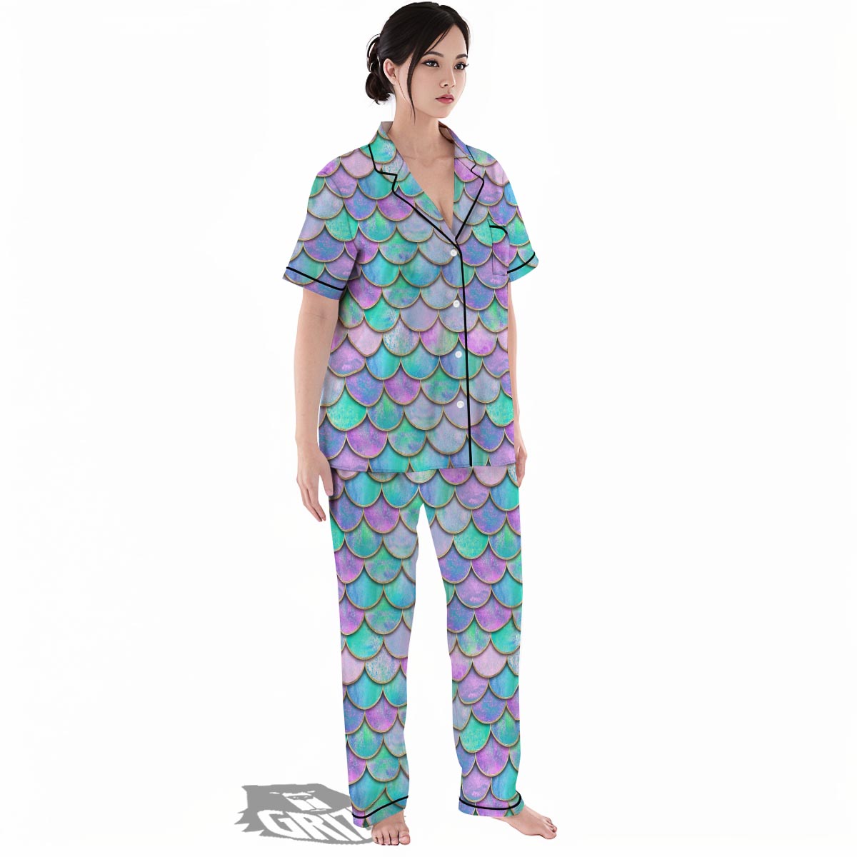 Mermaid Scales Teal Purple Print Pattern Women's Pajamas Set-grizzshop