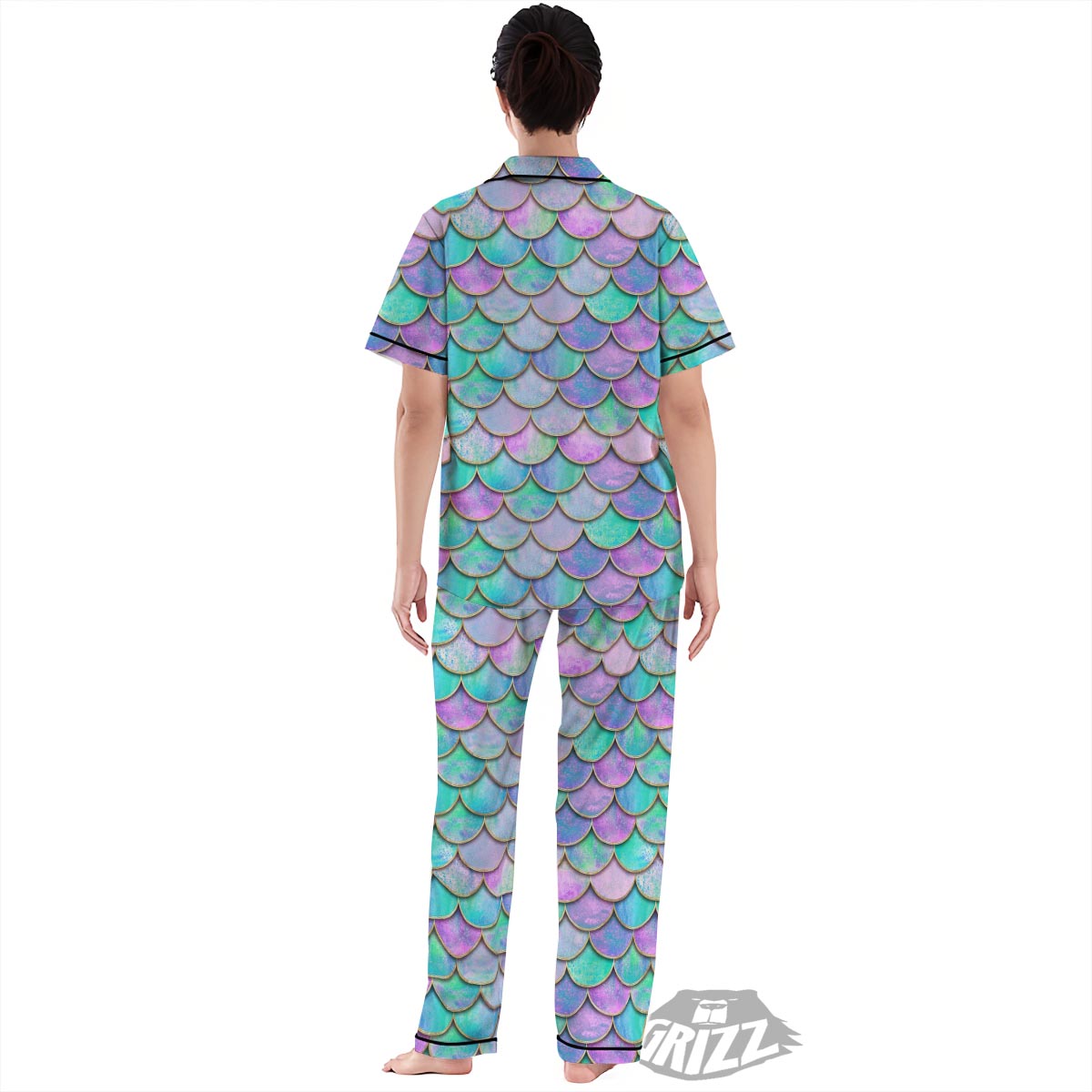 Mermaid Scales Teal Purple Print Pattern Women's Pajamas Set-grizzshop