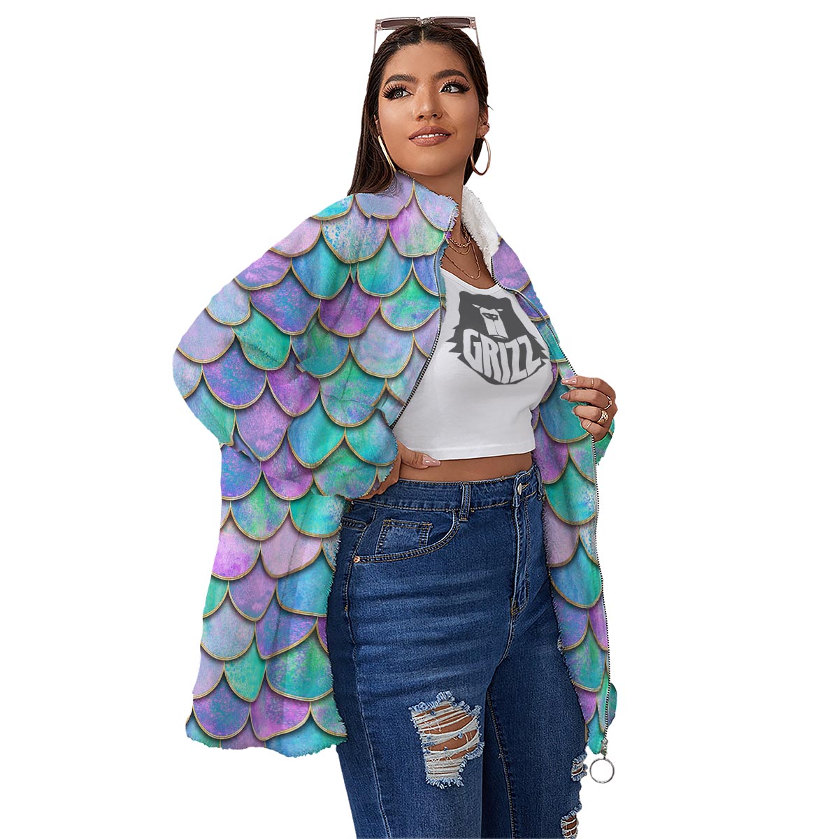 Mermaid Scales Teal Purple Print Pattern Women's Sherpa Jacket-grizzshop