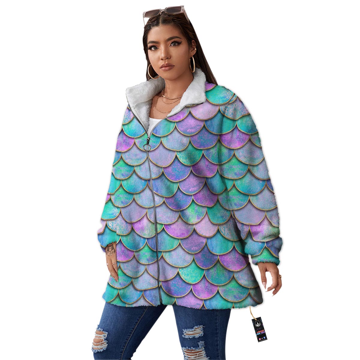 Mermaid Scales Teal Purple Print Pattern Women's Sherpa Jacket-grizzshop