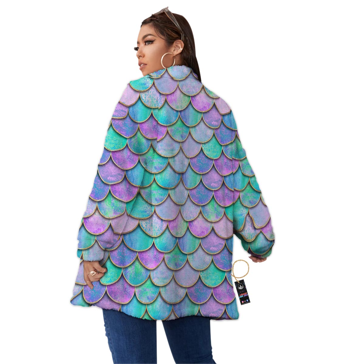 Mermaid Scales Teal Purple Print Pattern Women's Sherpa Jacket-grizzshop
