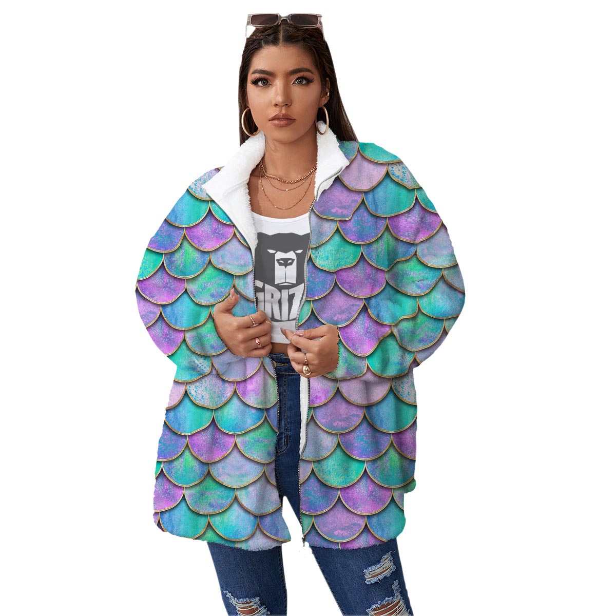 Mermaid Scales Teal Purple Print Pattern Women's Sherpa Jacket-grizzshop