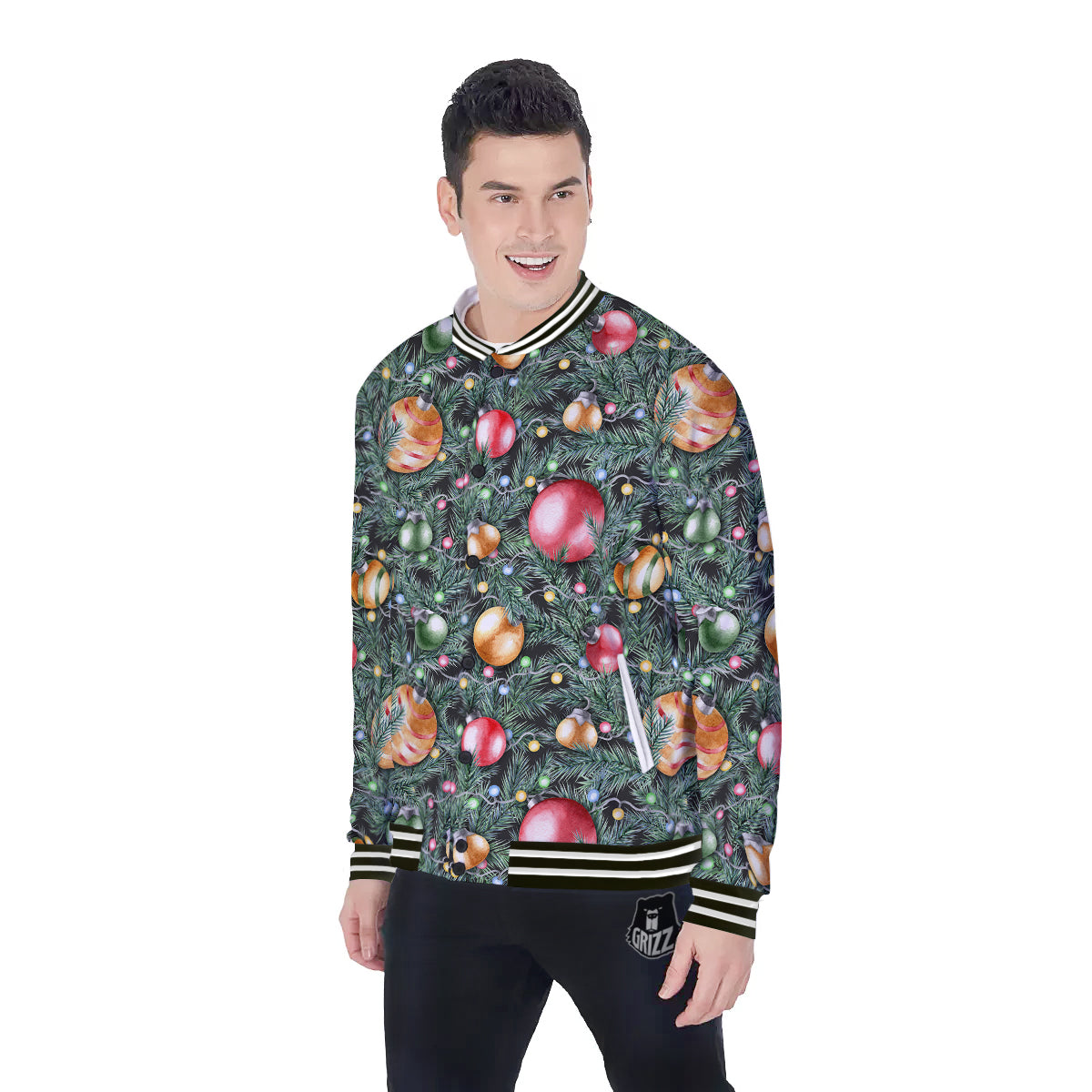 Merry Christmas Watercolor Print Pattern Baseball Jacket-grizzshop