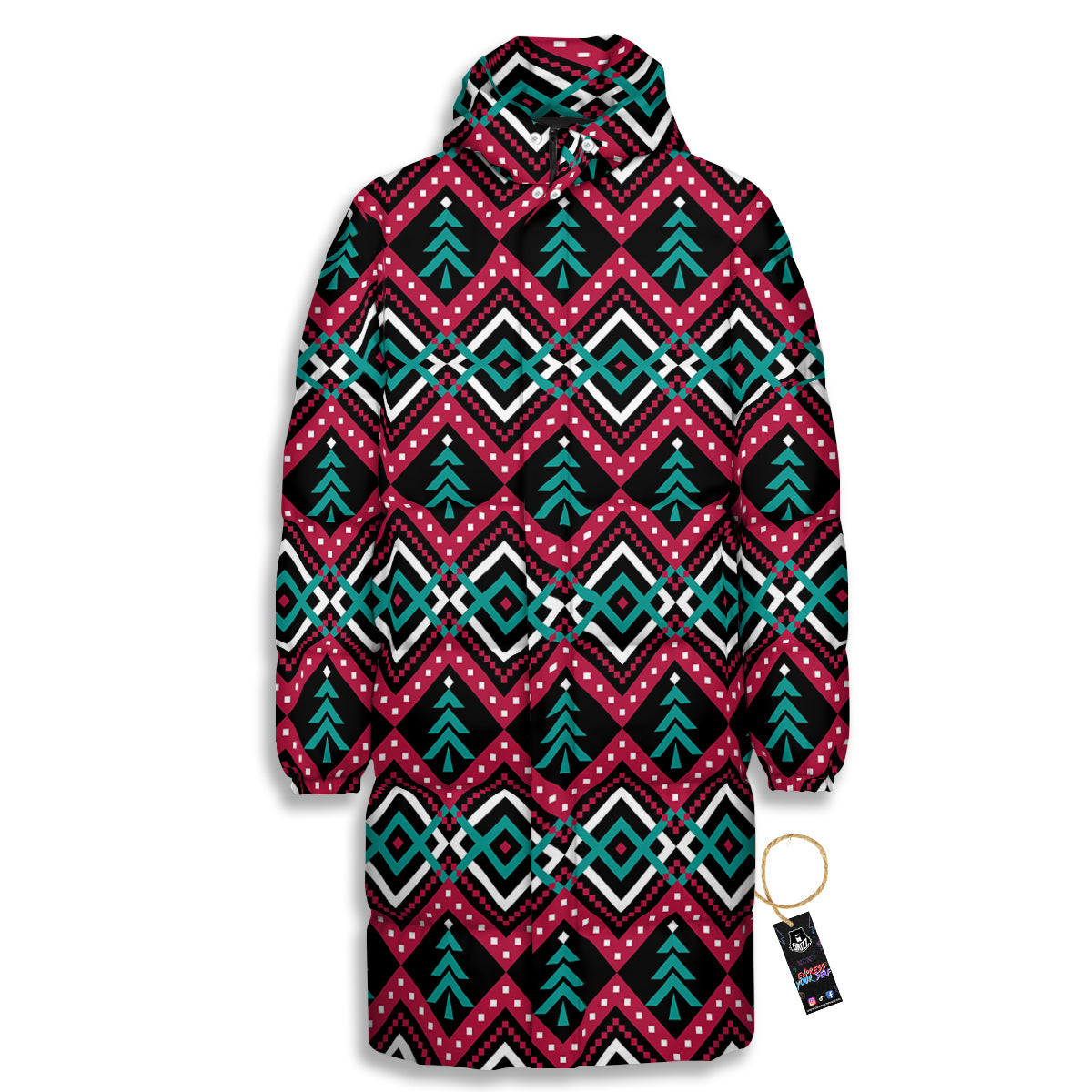 Merry Christmas Zigzag Print Pattern Long Down Jacket-grizzshop