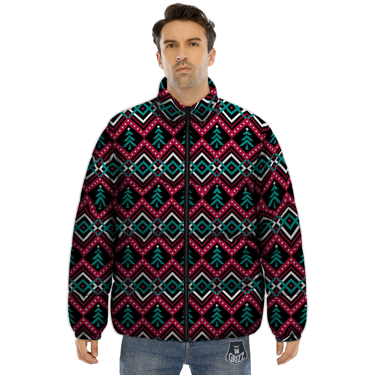 Merry Christmas Zigzag Print Pattern Puffer Jacket-grizzshop