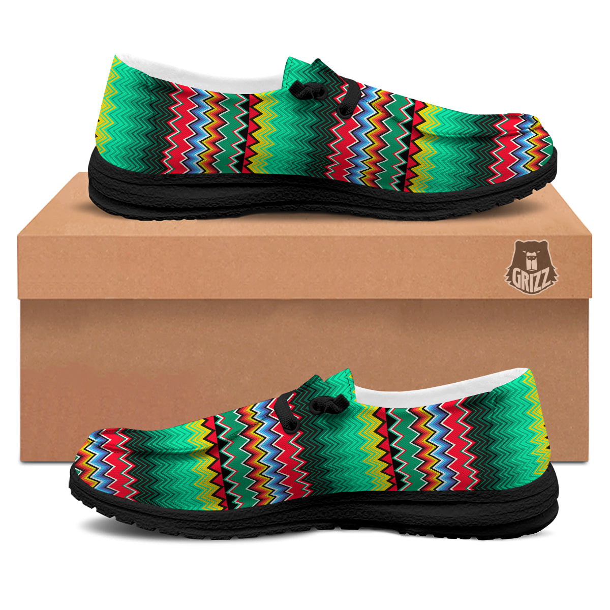 Mexican Blanket Zigzag Colorful Print Black Loafers-grizzshop
