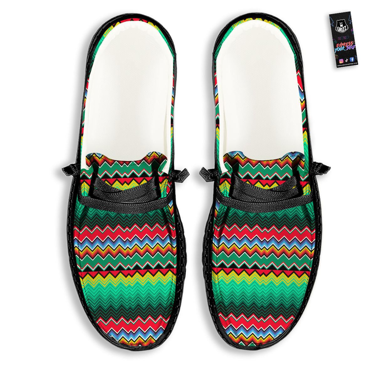 Mexican Blanket Zigzag Colorful Print Black Loafers-grizzshop
