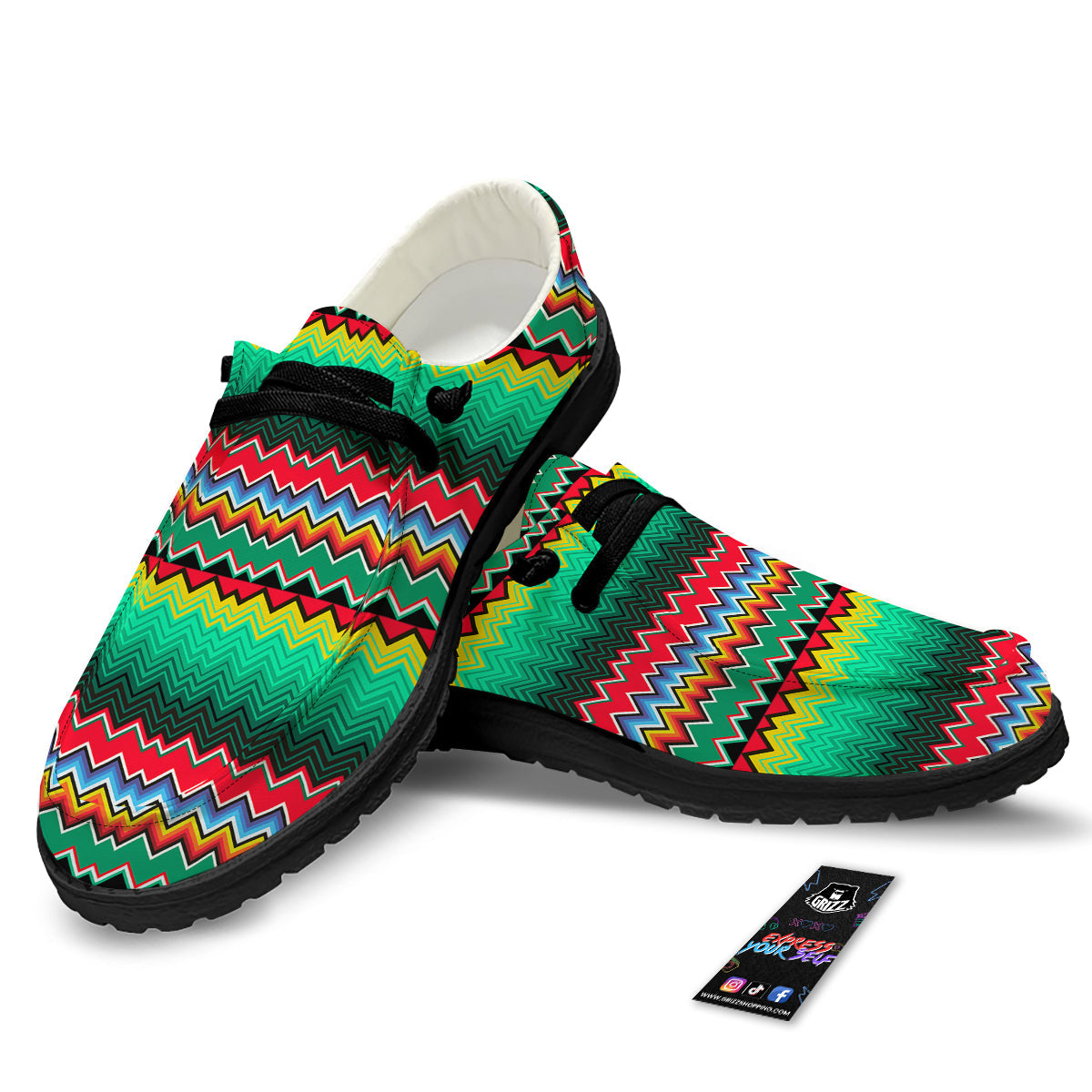 Mexican Blanket Zigzag Colorful Print Black Loafers-grizzshop