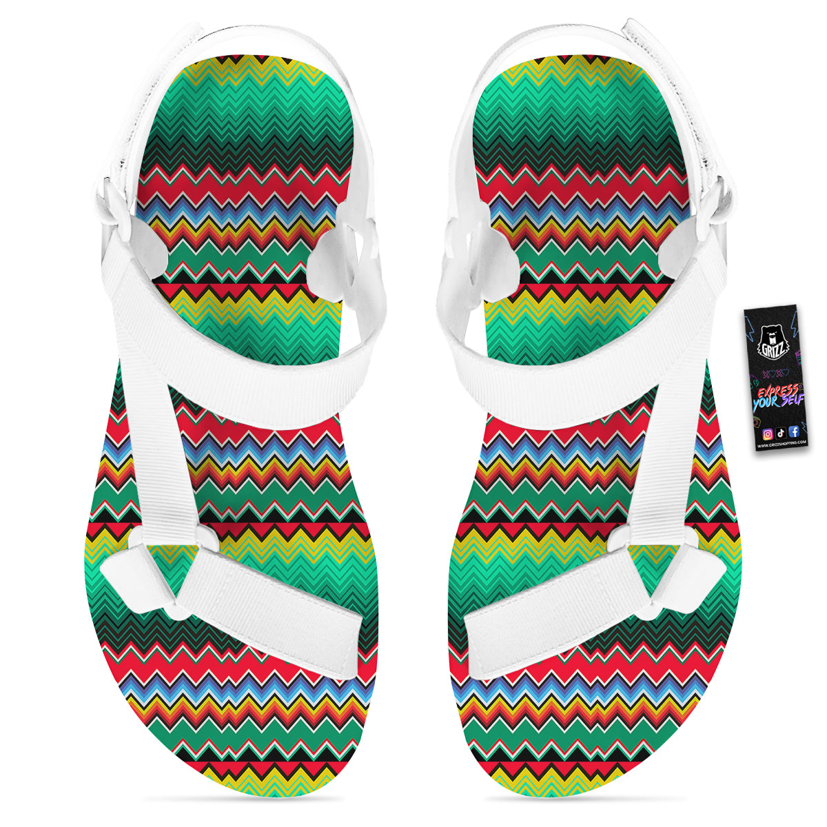 Mexican Blanket Zigzag Colorful Print White Open Toe Sandals-grizzshop