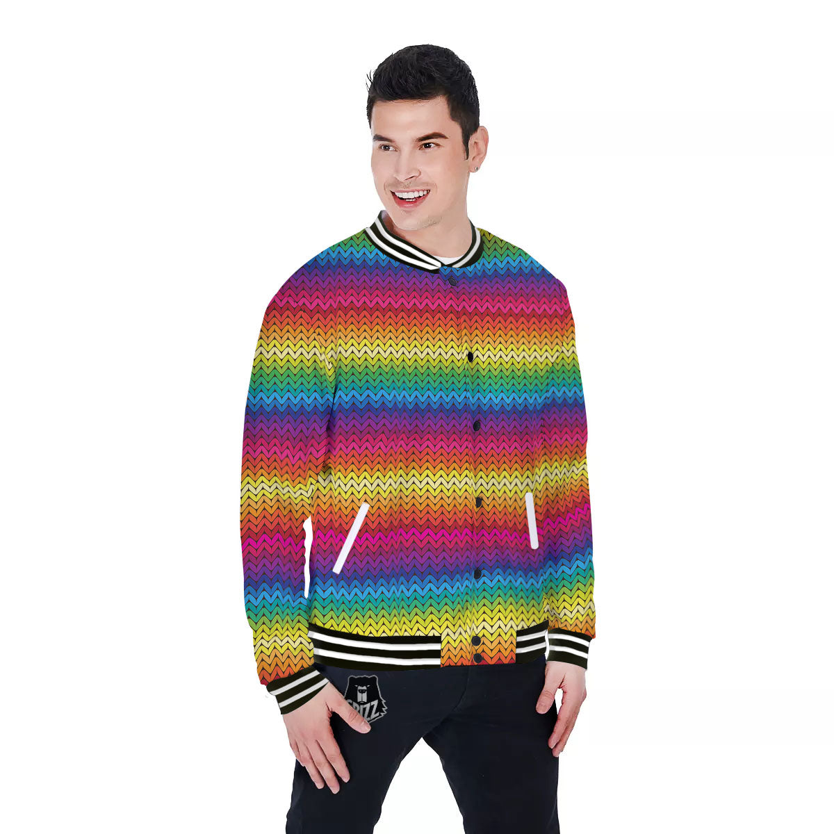 Mexican Rainbow Knitted Print Pattern Baseball Jacket-grizzshop