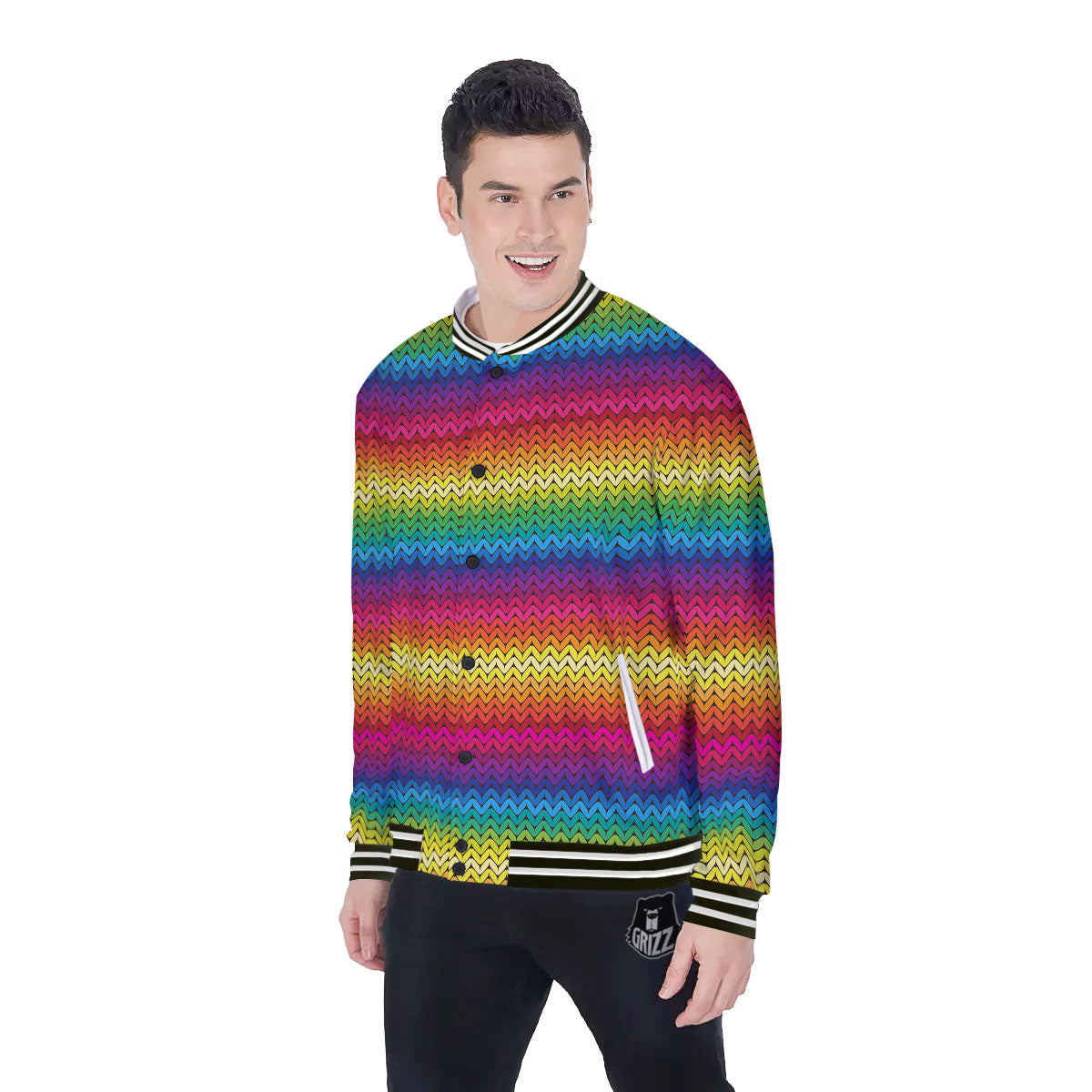 Mexican Rainbow Knitted Print Pattern Baseball Jacket-grizzshop