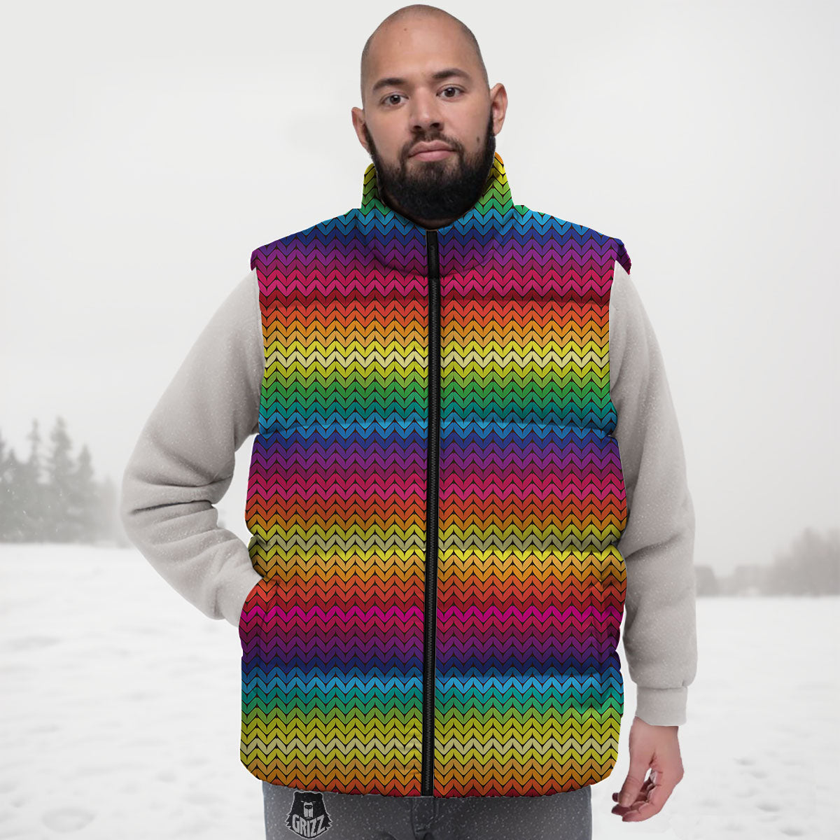 Mexican Rainbow Knitted Print Pattern Down Vest-grizzshop