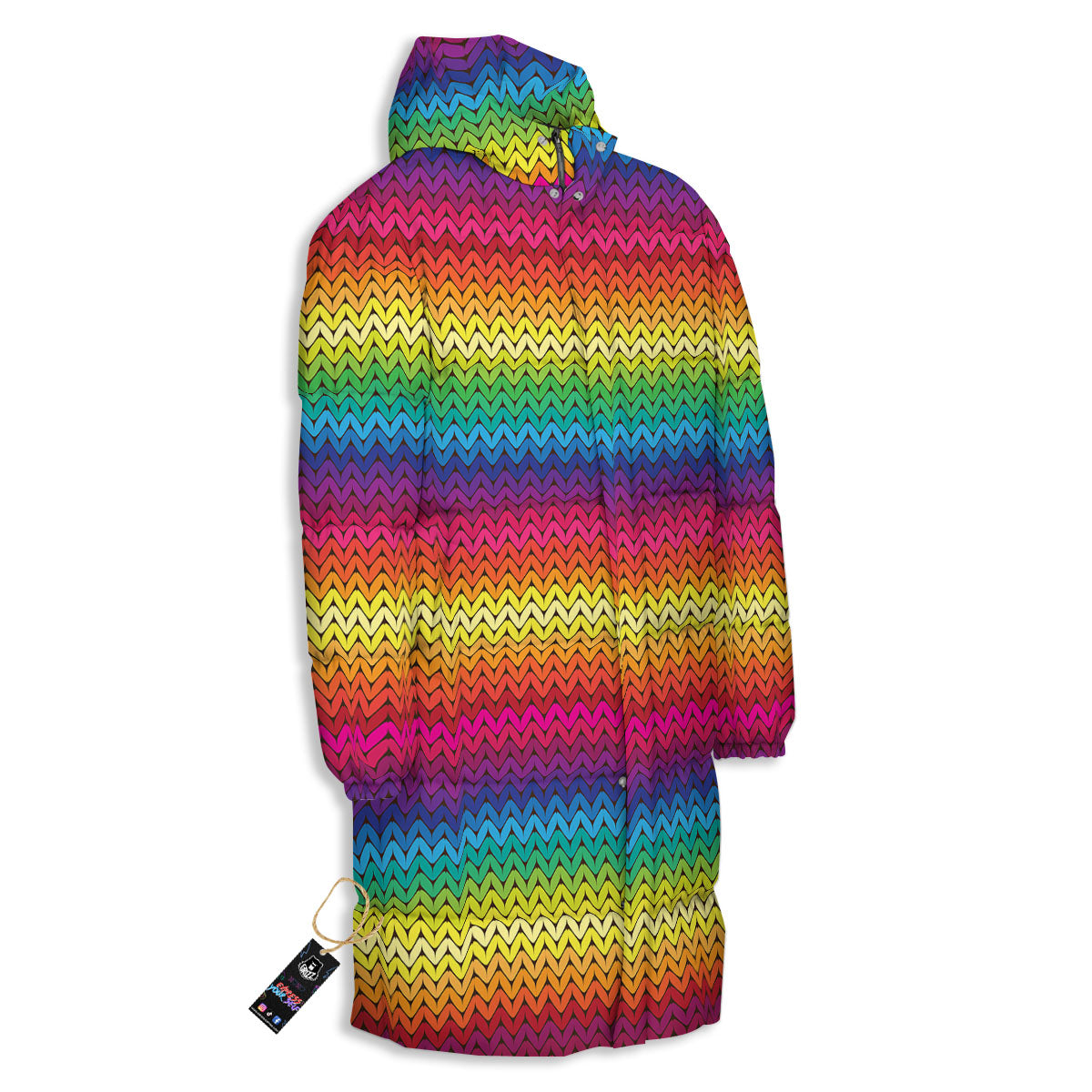 Mexican Rainbow Knitted Print Pattern Long Down Jacket-grizzshop
