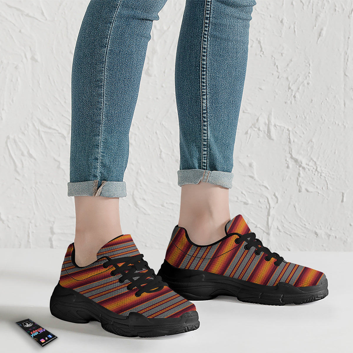 Mexican Serape Grey Orange Print Black Chunky Shoes-grizzshop