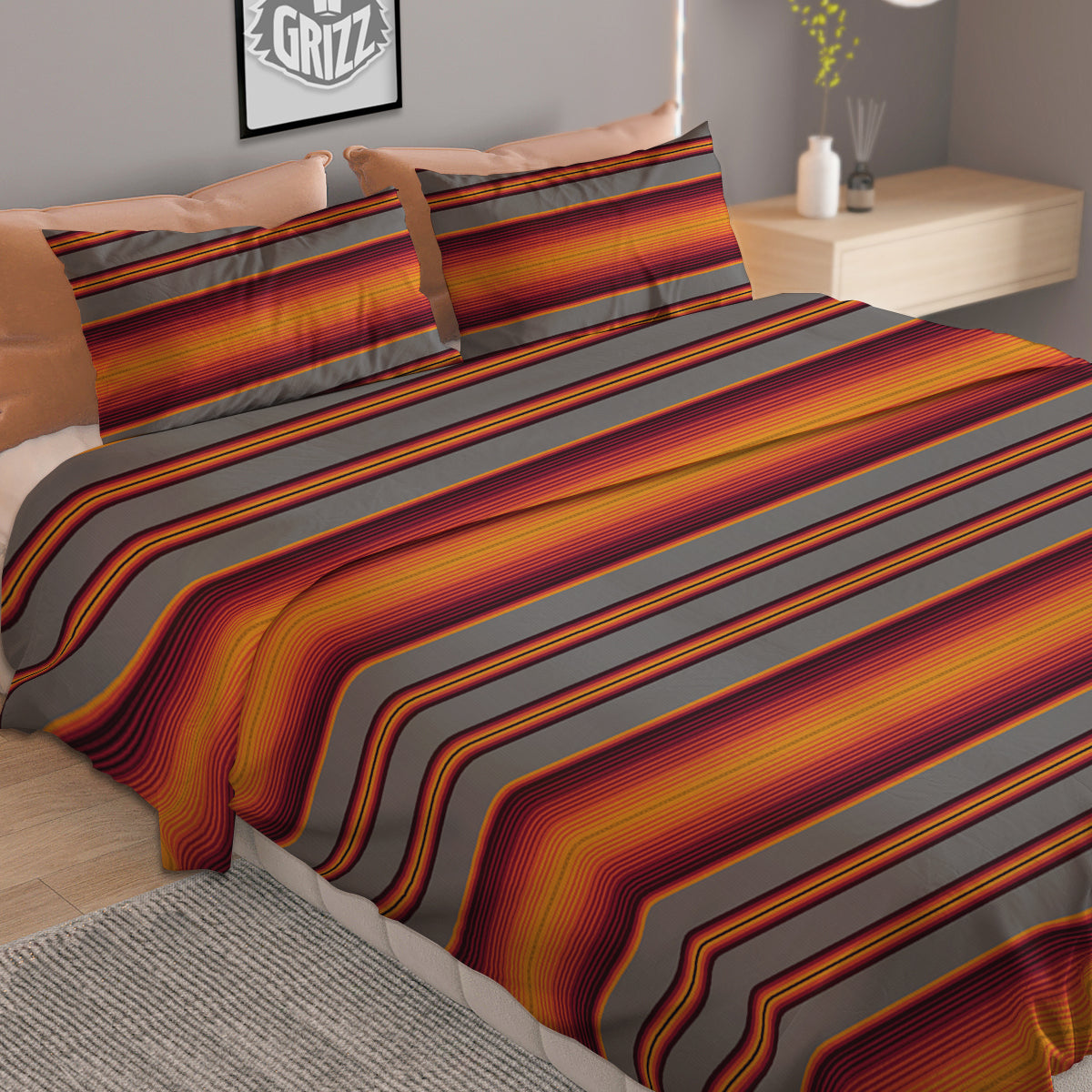 Mexican Serape Grey Orange Print Duvet Cover Bedding Set