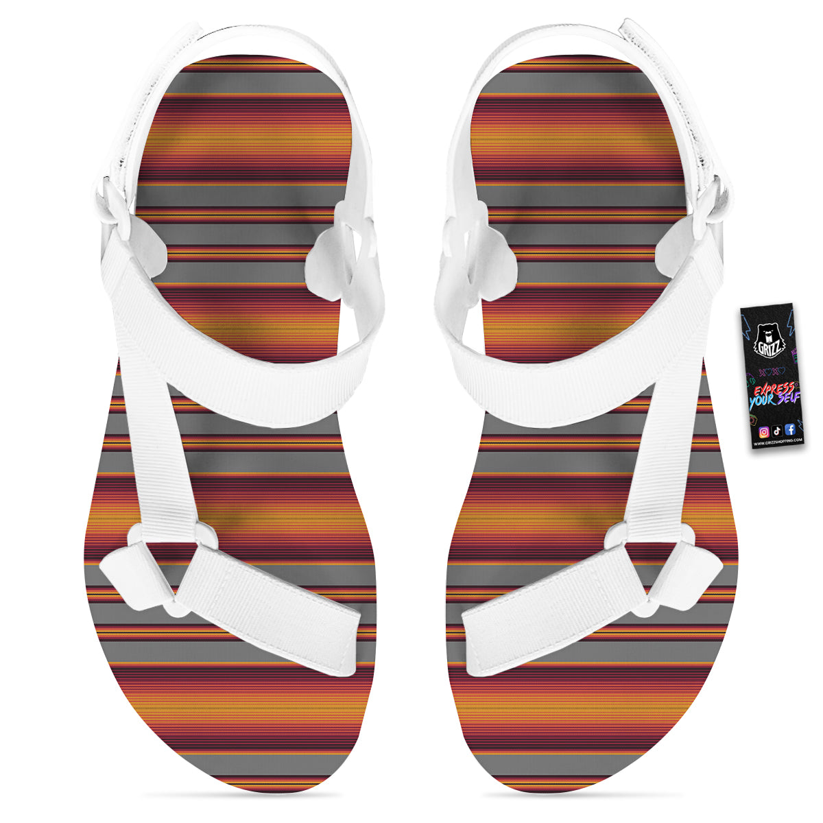 Mexican Serape Grey Orange Print White Open Toe Sandals-grizzshop