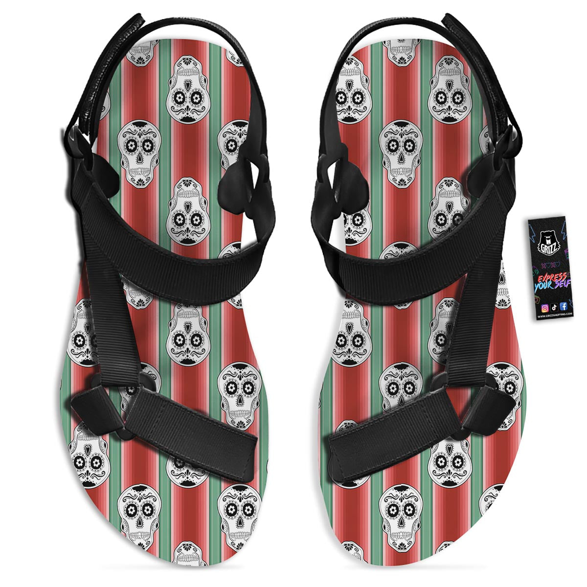 Mexican Serape Sugar Skull Print Pattern Black Open Toe Sandals-grizzshop