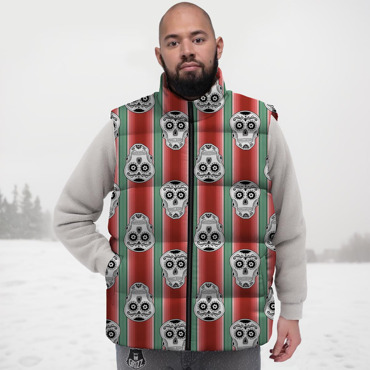 Mexican Serape Sugar Skull Print Pattern Down Vest