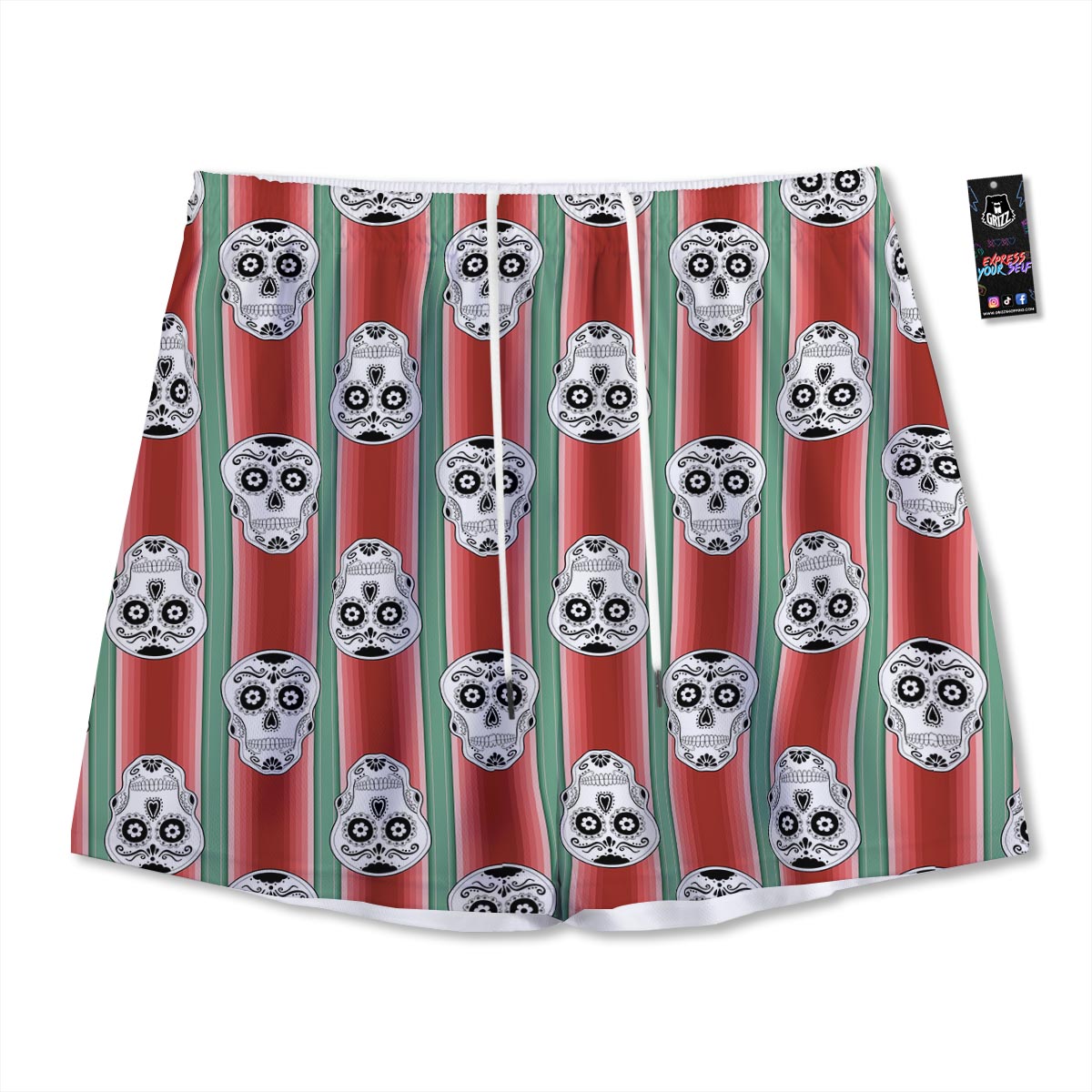 Mexican Serape Sugar Skull Print Pattern Mesh Shorts