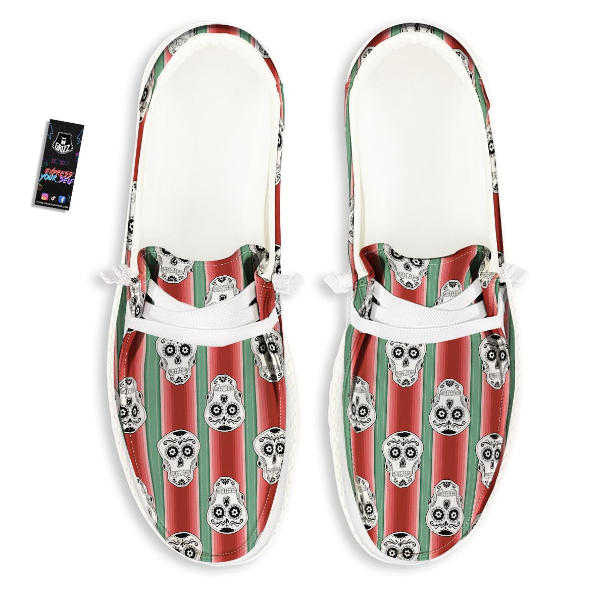 Mexican Serape Sugar Skull Print Pattern White Loafers-grizzshop