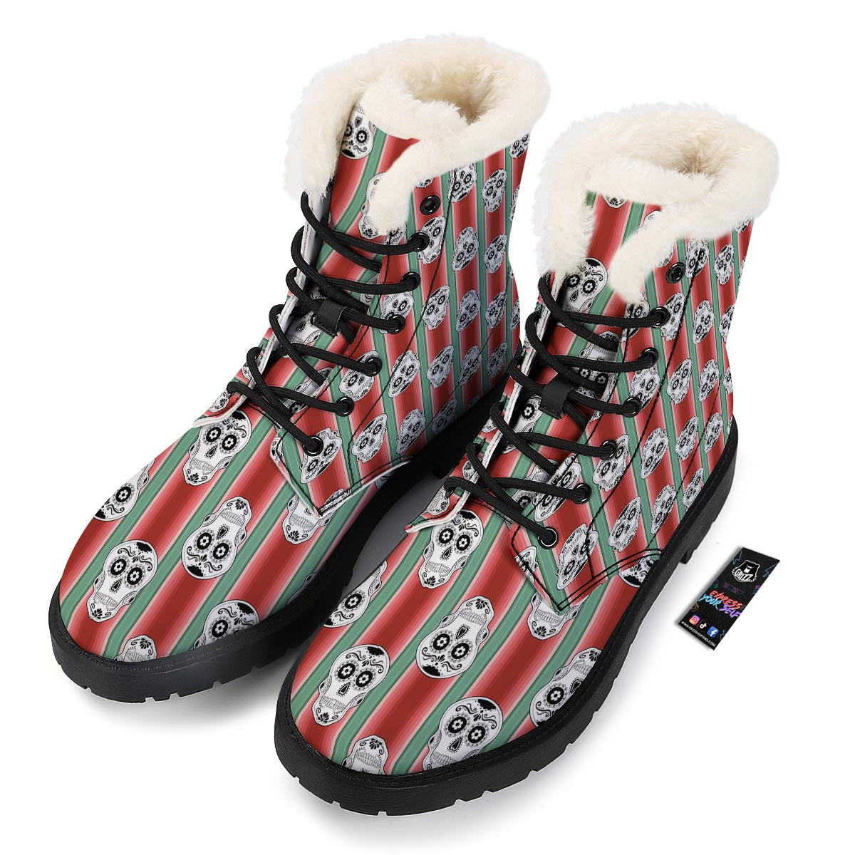 Mexican Serape Sugar Skull Print Pattern Winter Boots-grizzshop