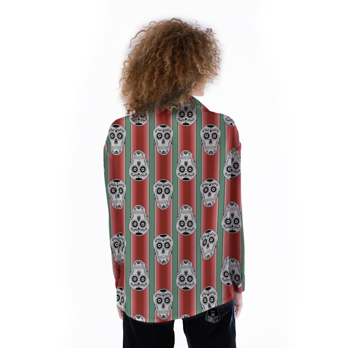 Mexican Serape Sugar Skull Print Pattern Women's Long Sleeve Shirts-grizzshop