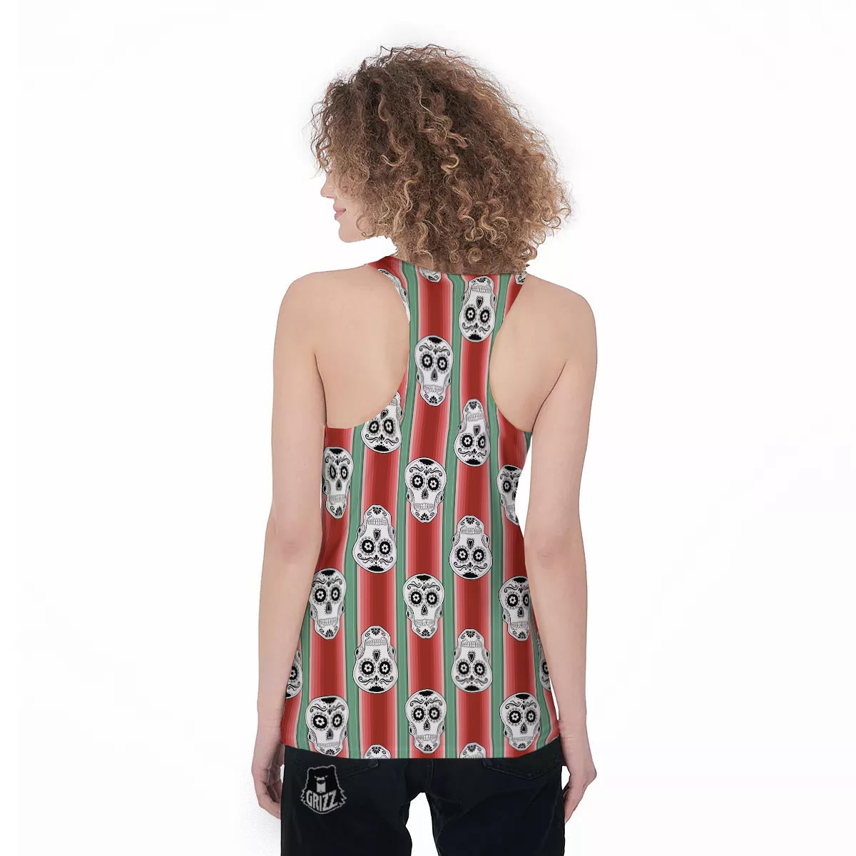 Mexican Serape Sugar Skull Print Pattern Women's Racerback Tank Top-grizzshop