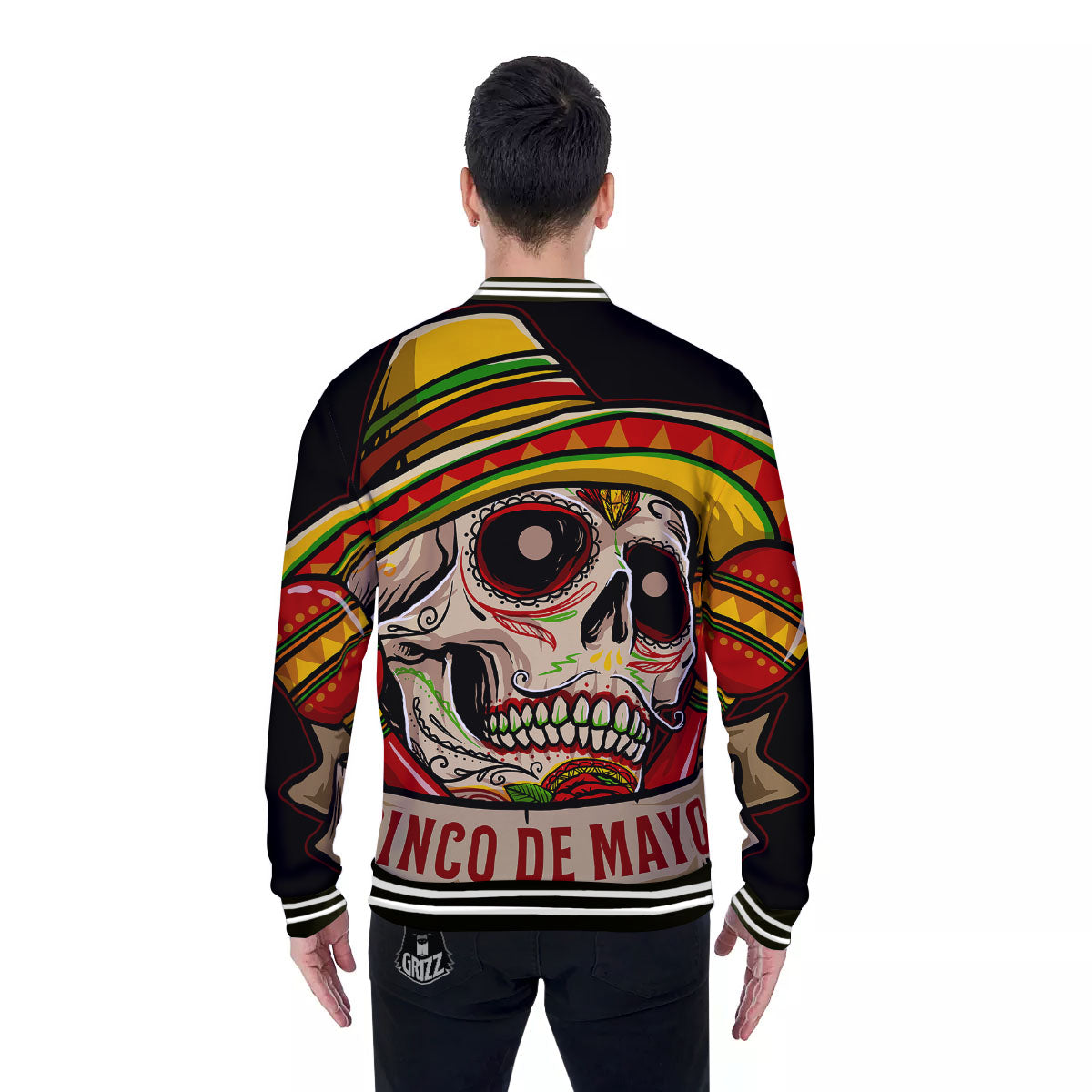 Mexican Skull Cinco de Mayo Print Baseball Jacket-grizzshop