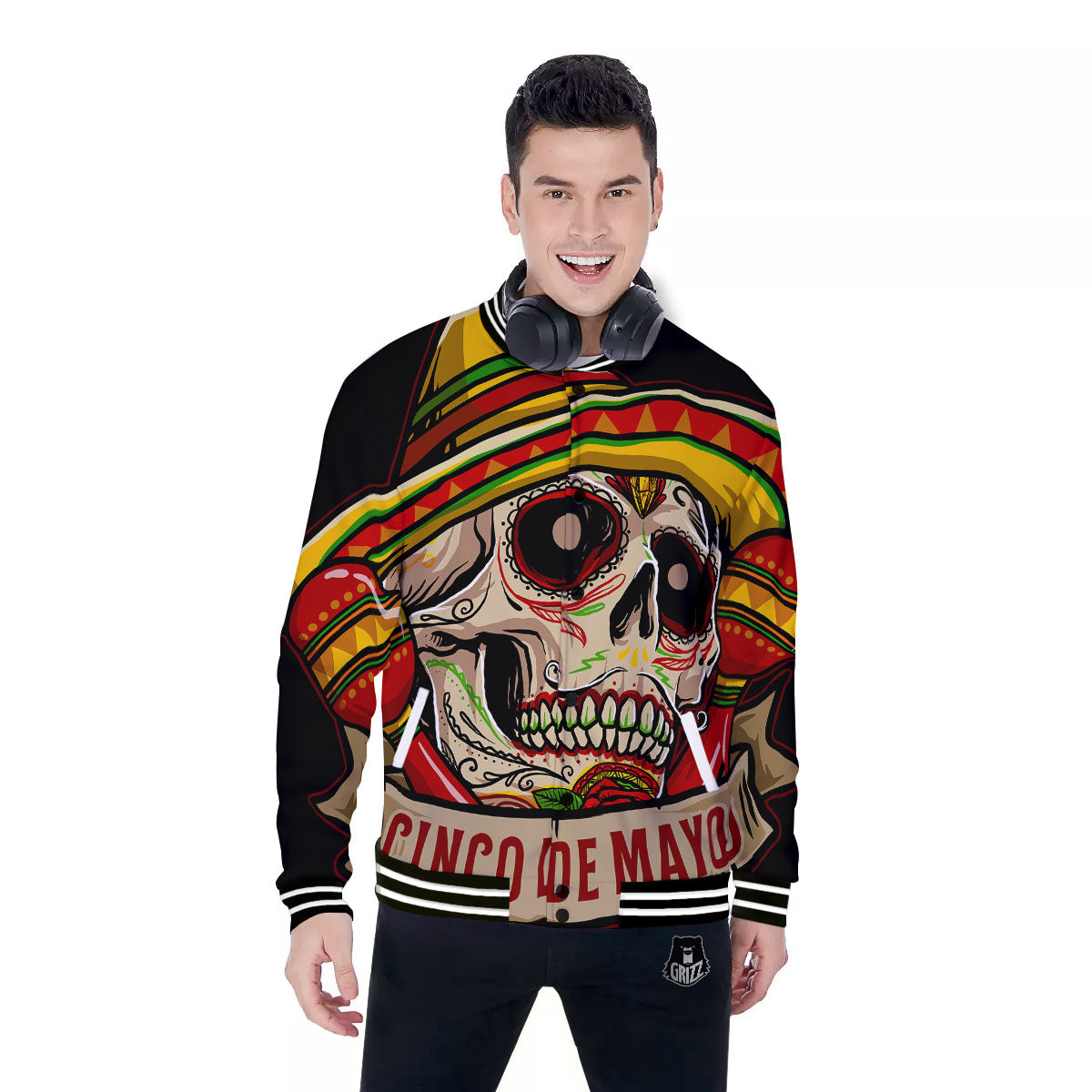 Mexican Skull Cinco de Mayo Print Baseball Jacket-grizzshop