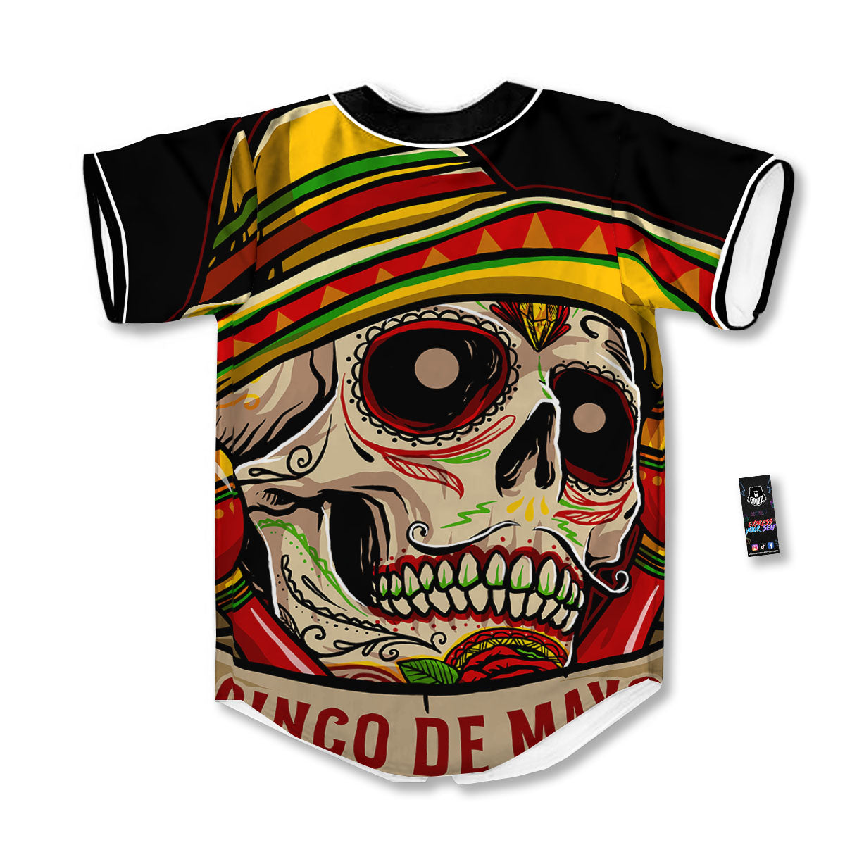 Mexican Skull Cinco de Mayo Print Baseball Jersey-grizzshop