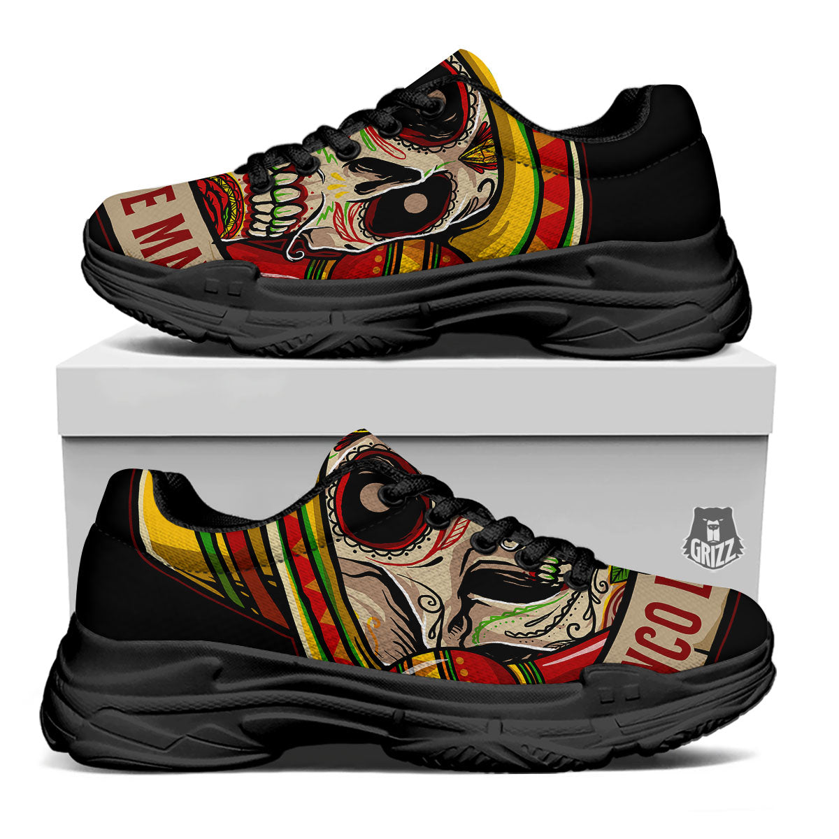 Mexican Skull Cinco de Mayo Print Black Chunky Shoes-grizzshop