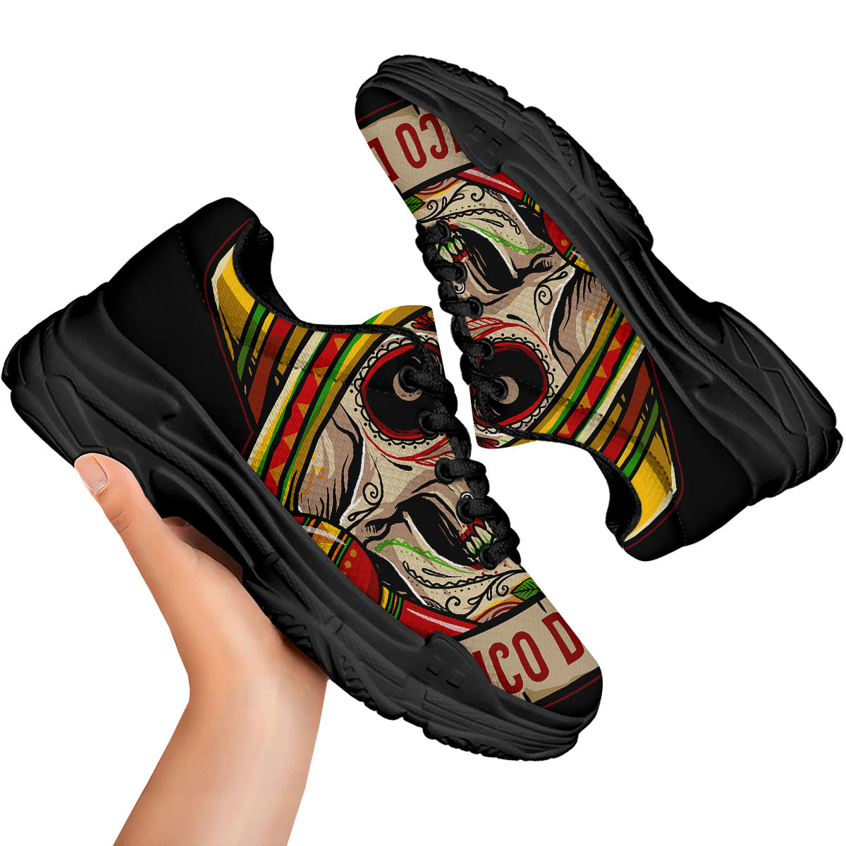 Mexican Skull Cinco de Mayo Print Black Chunky Shoes-grizzshop