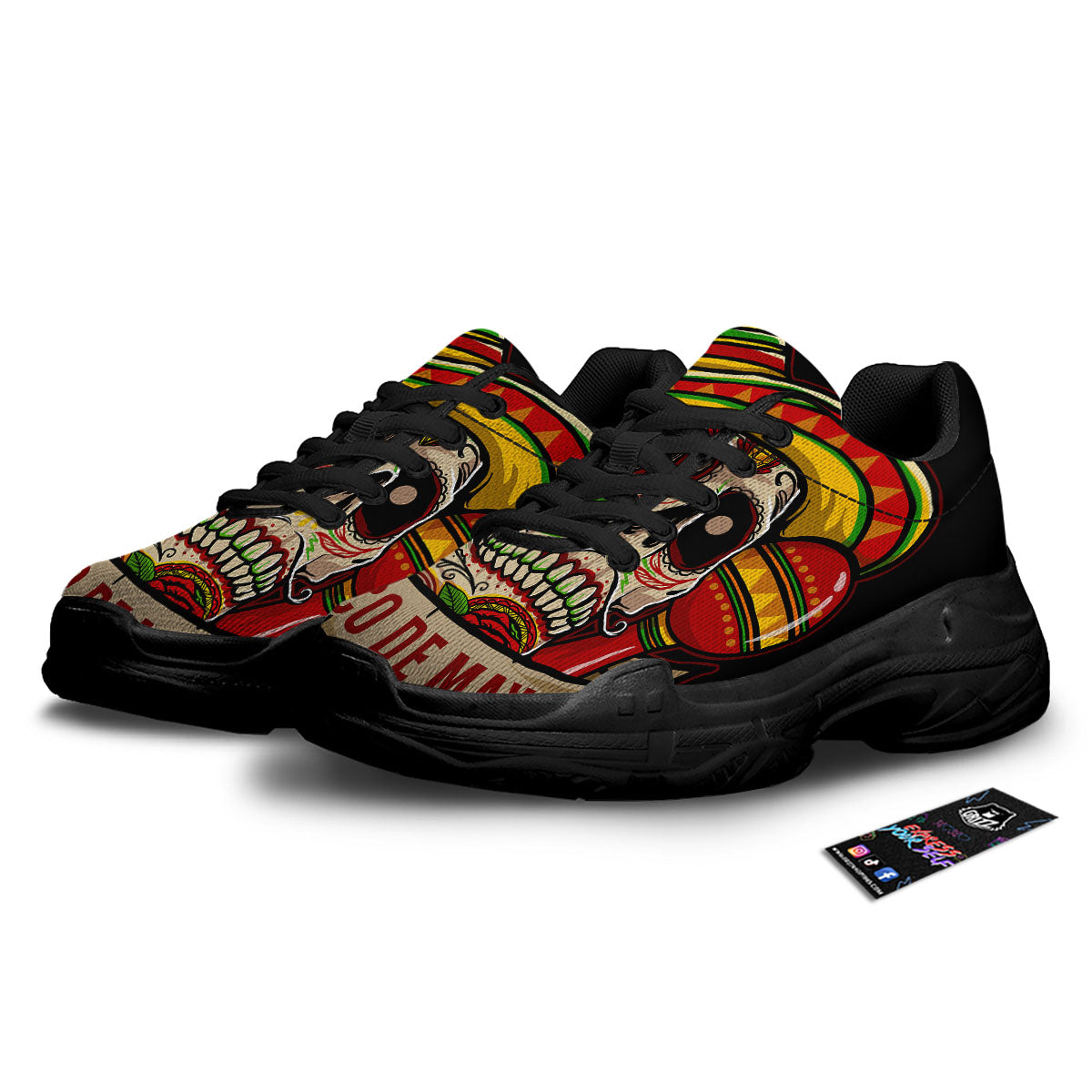 Mexican Skull Cinco de Mayo Print Black Chunky Shoes-grizzshop