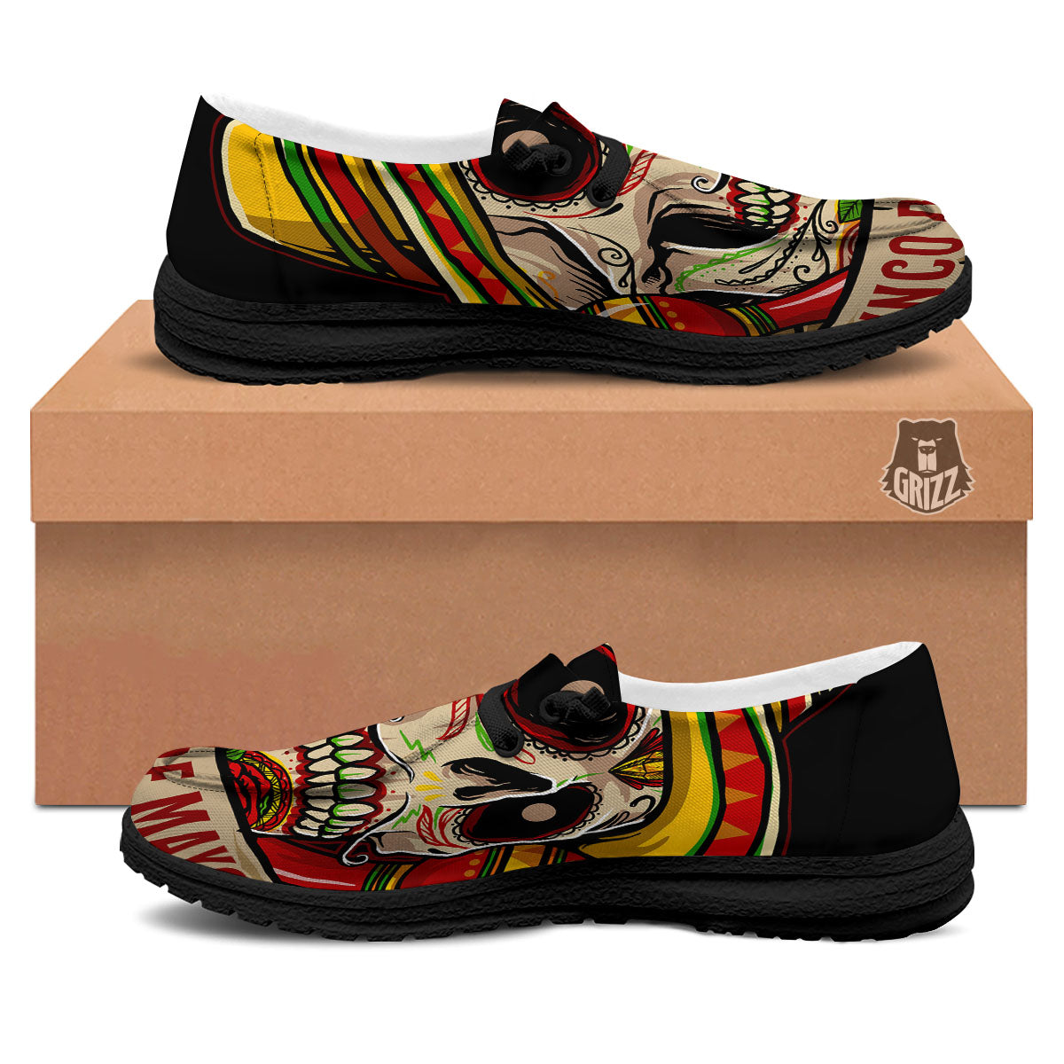 Mexican Skull Cinco de Mayo Print Black Loafers-grizzshop