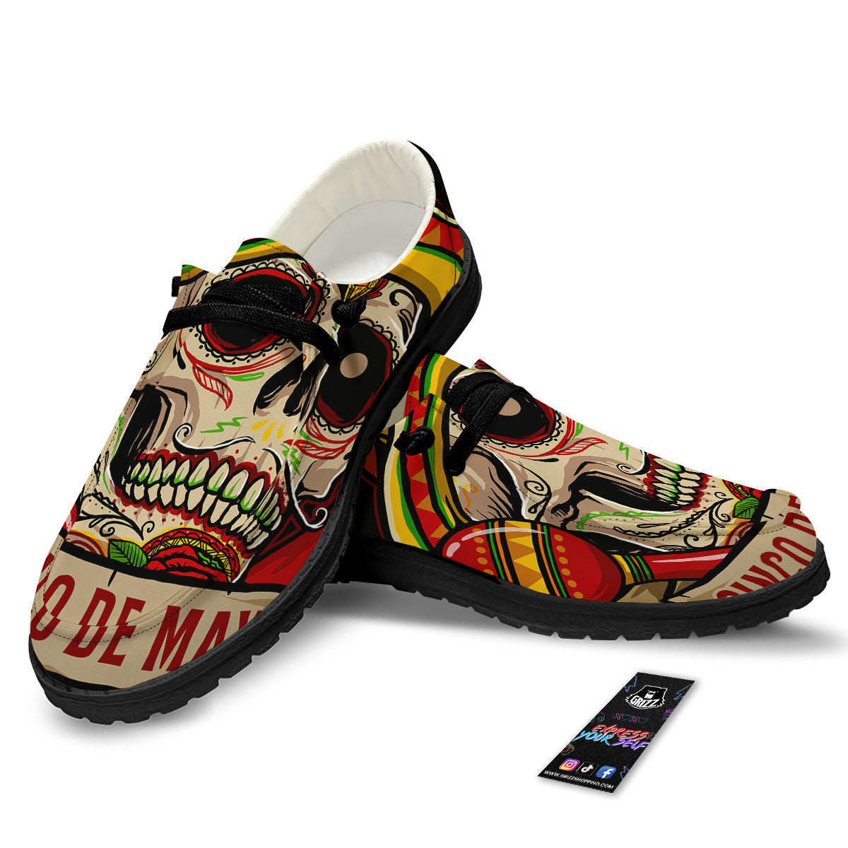 Mexican Skull Cinco de Mayo Print Black Loafers-grizzshop
