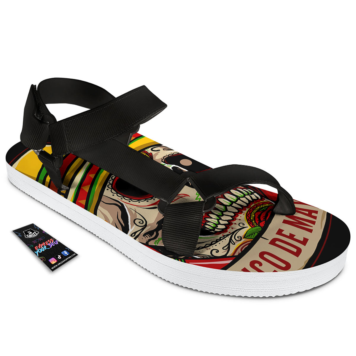 Mexican Skull Cinco de Mayo Print Black Open Toe Sandals-grizzshop