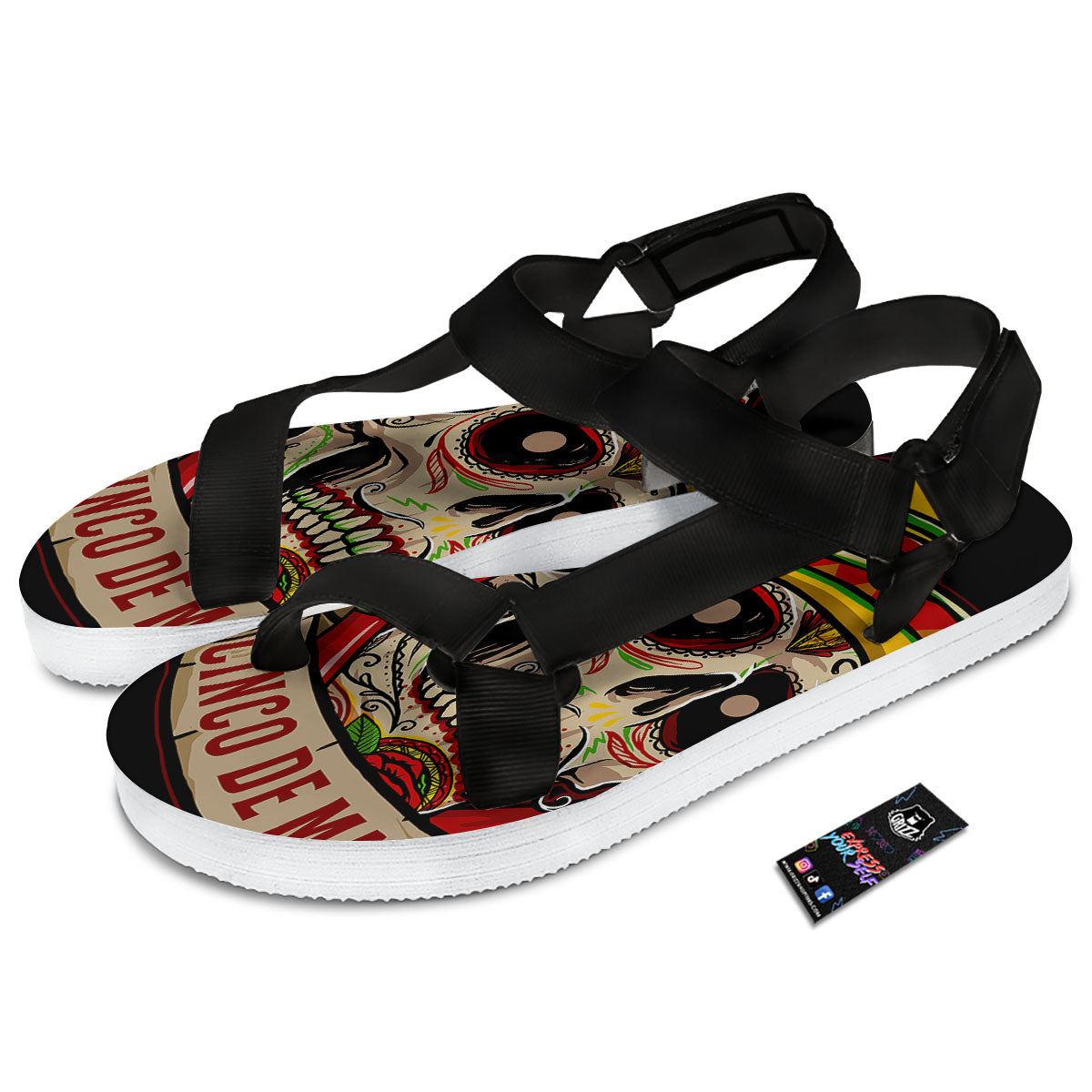 Mexican Skull Cinco de Mayo Print Black Open Toe Sandals-grizzshop