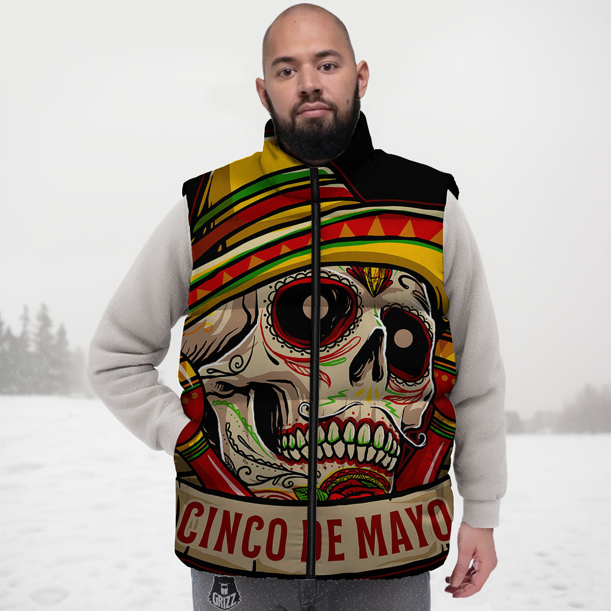 Mexican Skull Cinco de Mayo Print Down Vest