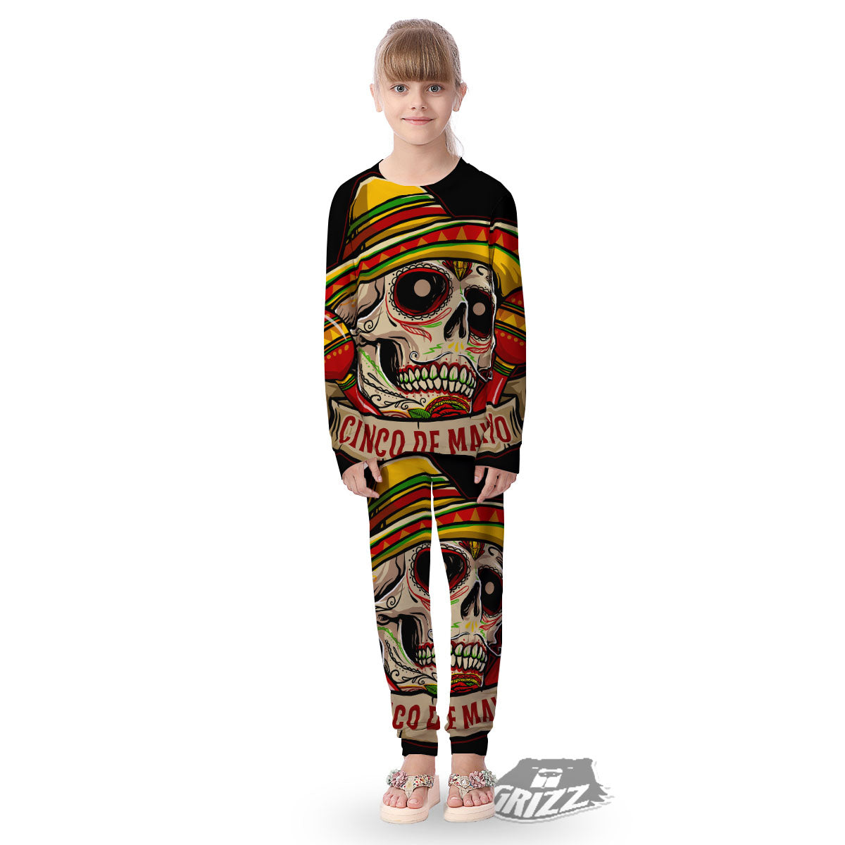 Mexican Skull Cinco de Mayo Print Kid's Pajamas-grizzshop