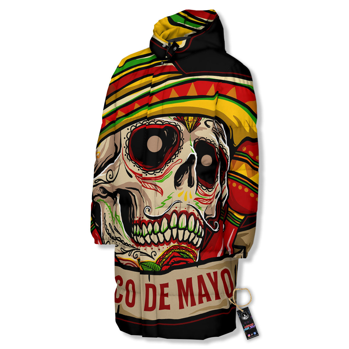 Mexican Skull Cinco de Mayo Print Long Down Jacket-grizzshop