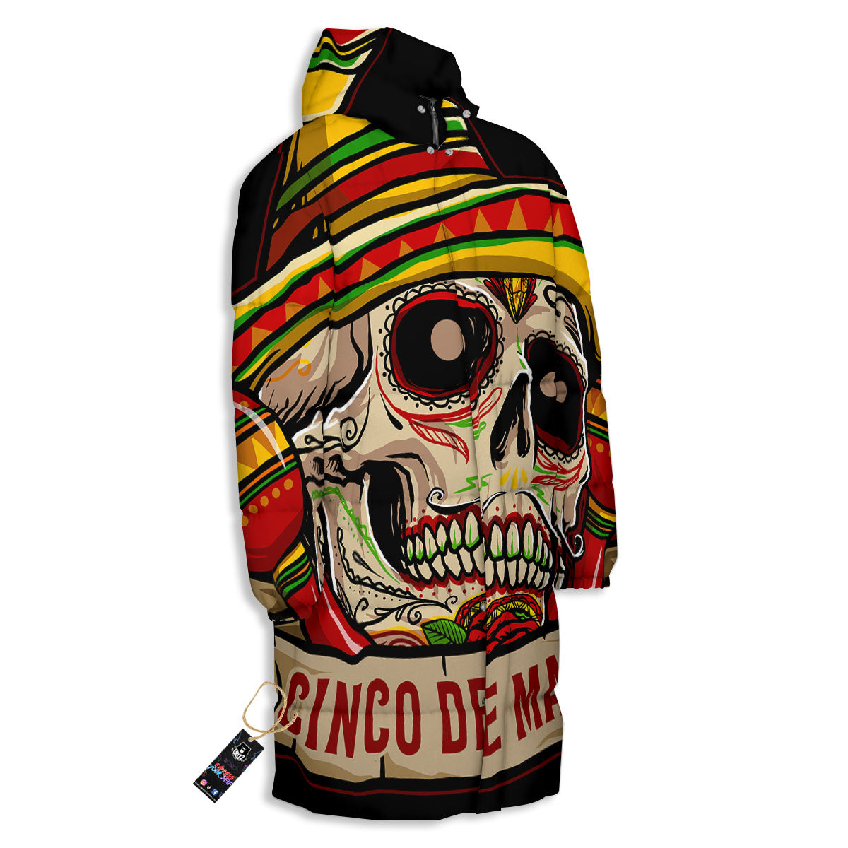 Mexican Skull Cinco de Mayo Print Long Down Jacket-grizzshop