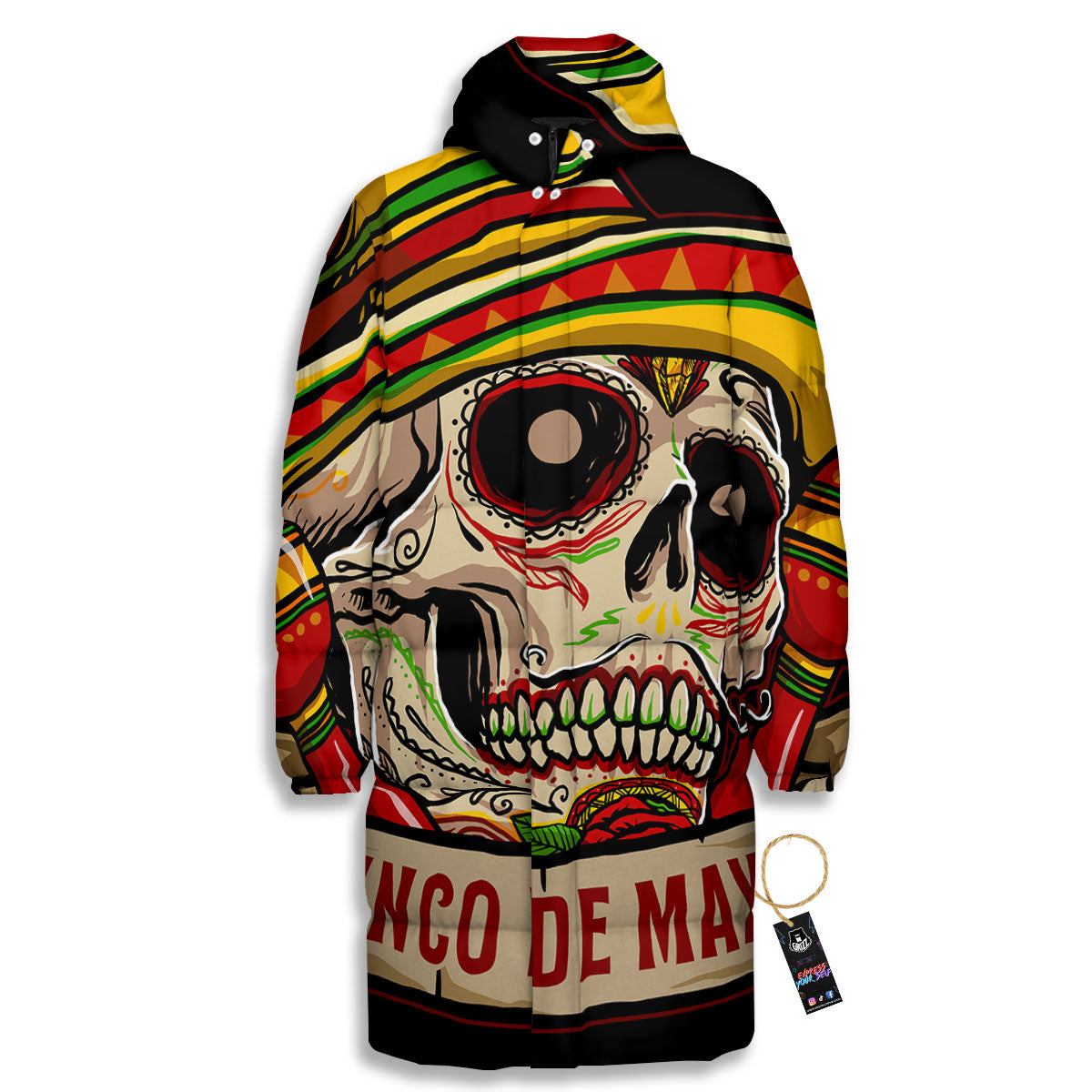 Mexican Skull Cinco de Mayo Print Long Down Jacket-grizzshop